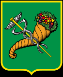 Vert bordure or, a caduceus argent and or, and a cornucopia or with fruits and vegetables proper saltirewise.