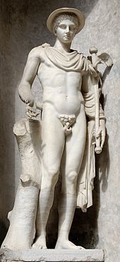 Hermes Ingenui carrying a winged caduceus upright in his left hand. A Roman copy after a Greek original of the 5th century BCE (Museo Pio-Clementino, Rome).