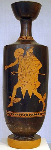 Hermes hastens bearing his kerukeion, on an Attic lekythos, c. 475 BC, attributed to the Tithonos Painter
